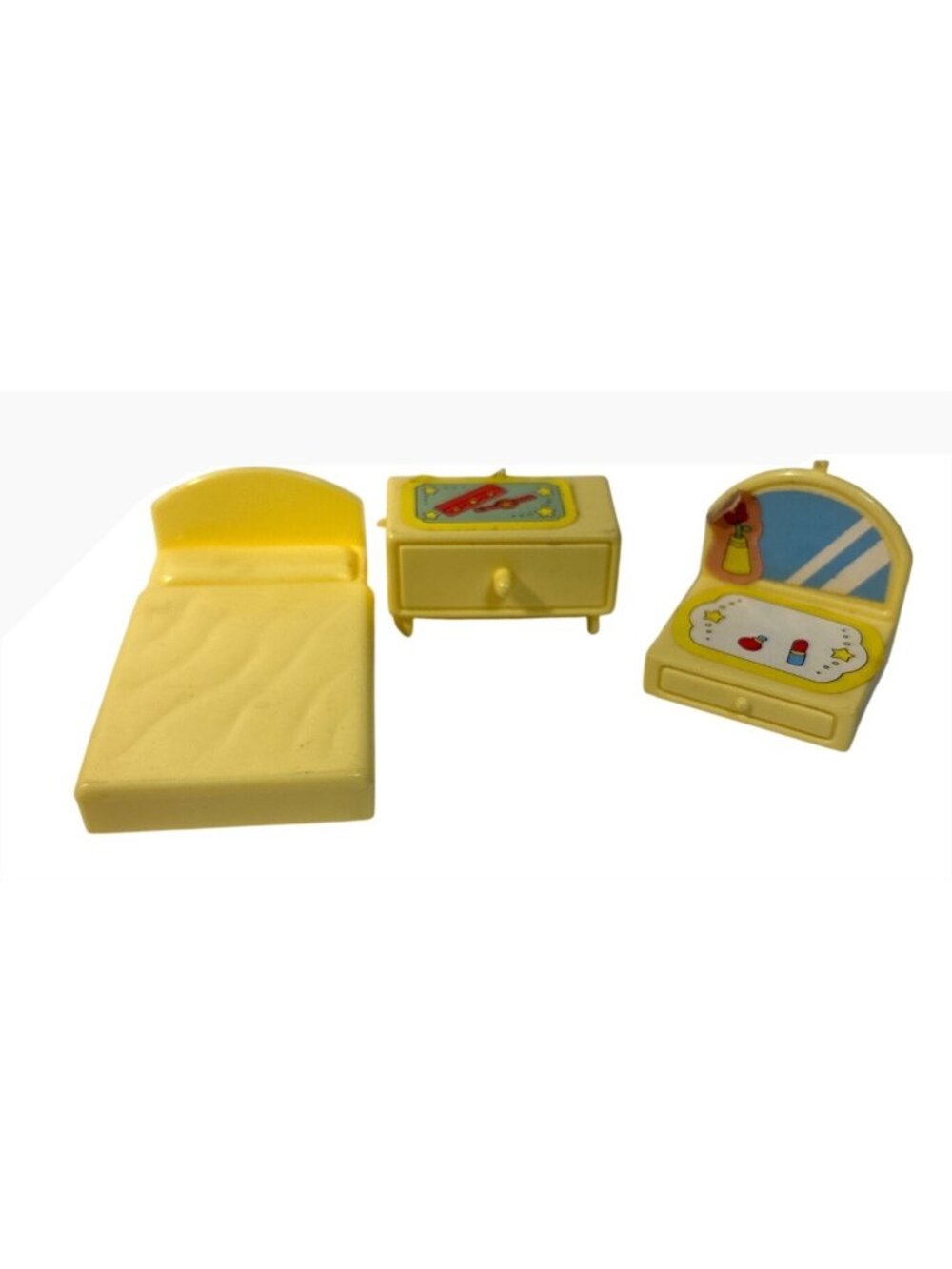 Vintage Yellow Dollhouse Bedroom Furniture Set Bed Nightstand Vanity Play Toy